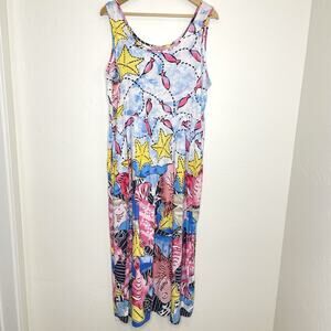 Jams World Fishtastic Midi Dress Womens Large Blue Pink Fish Print Sleeveless